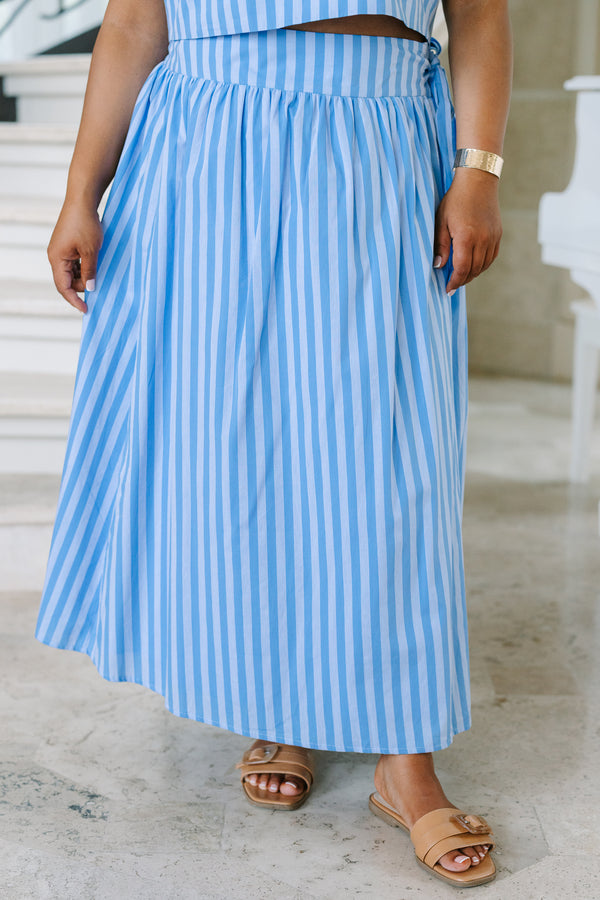 Plus Size blue and white striped cotton faux wrap maxi skirt with a gathered waist.