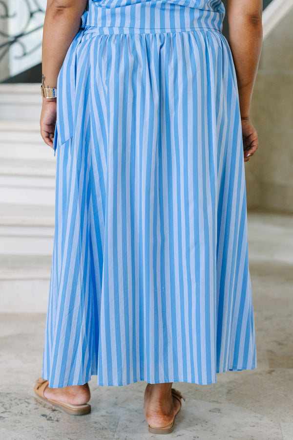 Plus Size blue and white striped cotton faux wrap maxi skirt with a gathered waist.