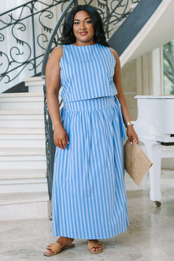 Plus Size blue and white striped cotton faux wrap maxi skirt with a gathered waist.