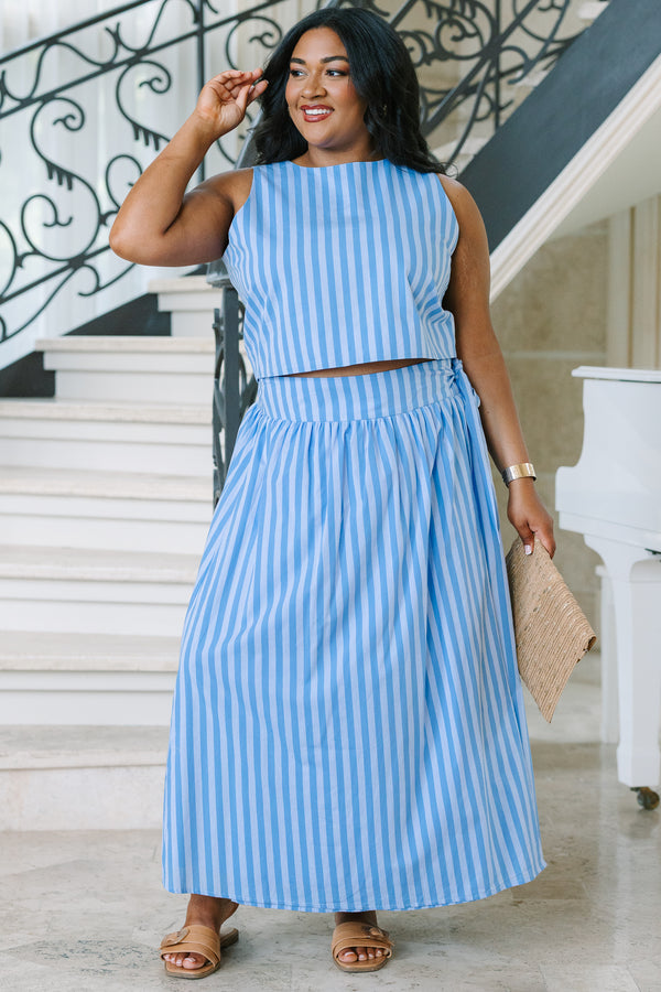 Plus Size blue and white vertical striped sleeveless crop top with a high neckline.