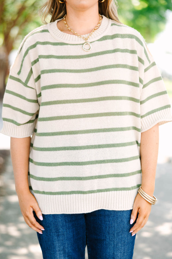 Plus size cream and green striped Everyday Joy Sweater with a relaxed fit and short sleeves.