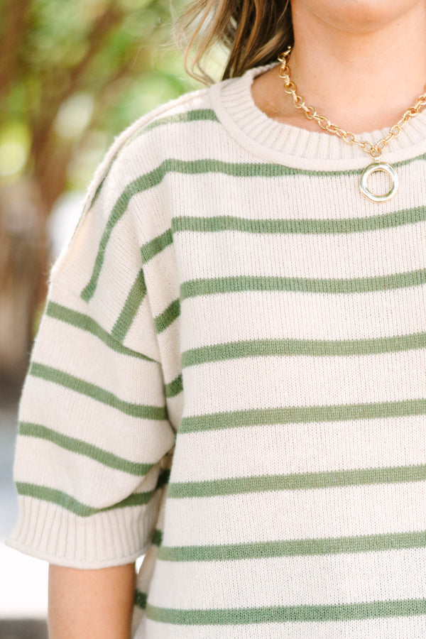 Plus size cream and green striped Everyday Joy Sweater with a relaxed fit and short sleeves.
