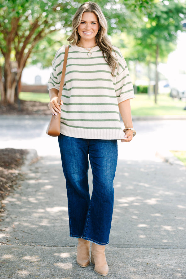 Plus size cream and green striped Everyday Joy Sweater with a relaxed fit and short sleeves.