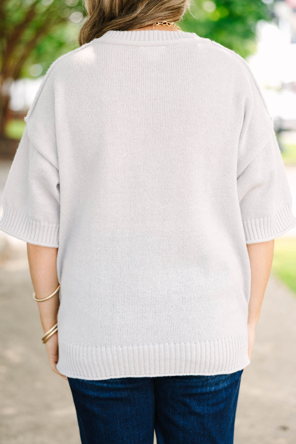 Plus size Everyday Joy Sweater in heather gray with a flowy fit, short sleeves, and ribbed hem.