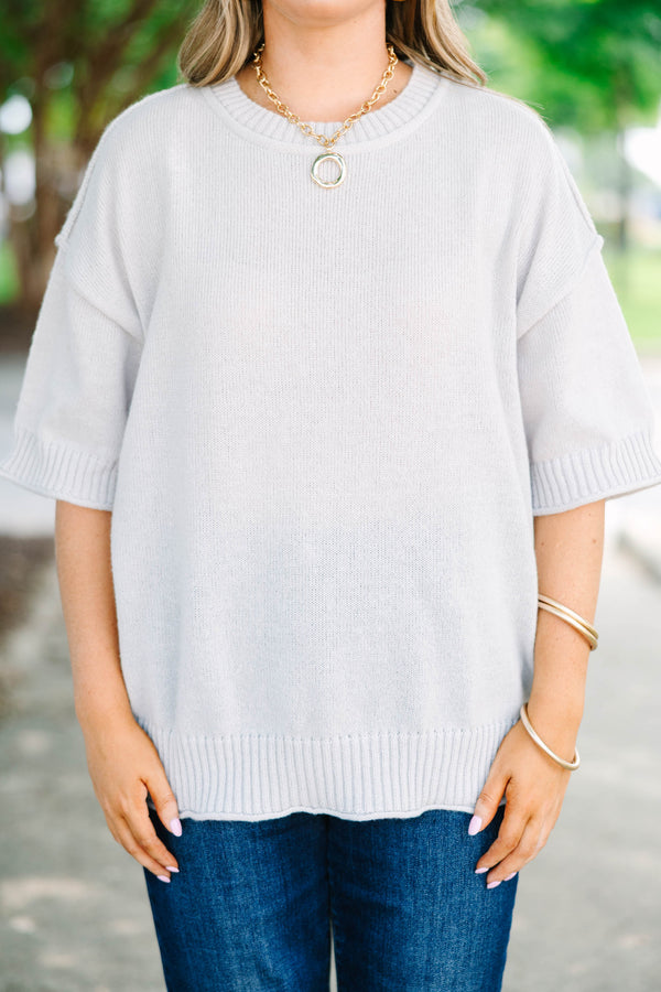 Plus size Everyday Joy Sweater in heather gray with a flowy fit, short sleeves, and ribbed hem.