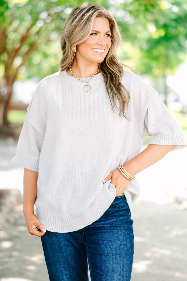 Plus size Everyday Joy Sweater in heather gray with a flowy fit, short sleeves, and ribbed hem.