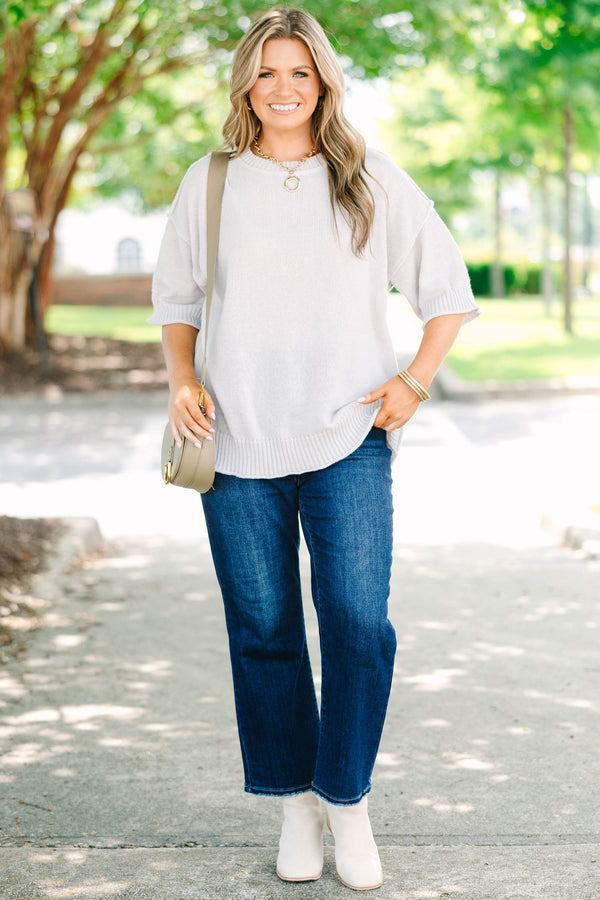 Plus size Everyday Joy Sweater in heather gray with a flowy fit, short sleeves, and ribbed hem.