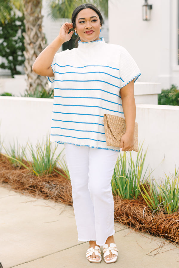 Chic Soul plus size clothing, white short sleeve turtle neck sweater with blue thin horizontal stripes