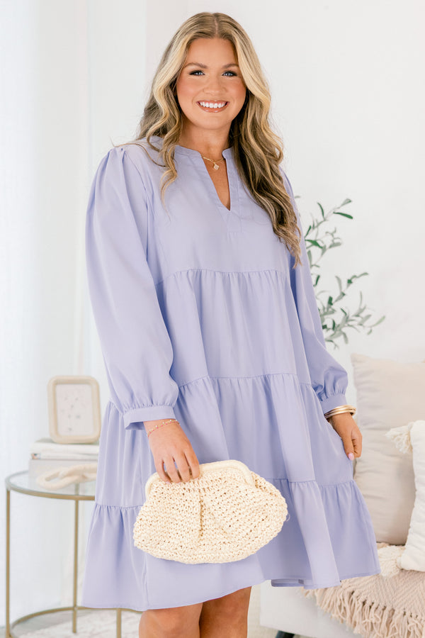 Chic Soul plus size clothing, light blue long sleeve tiered babydoll dress with v neckline cutout