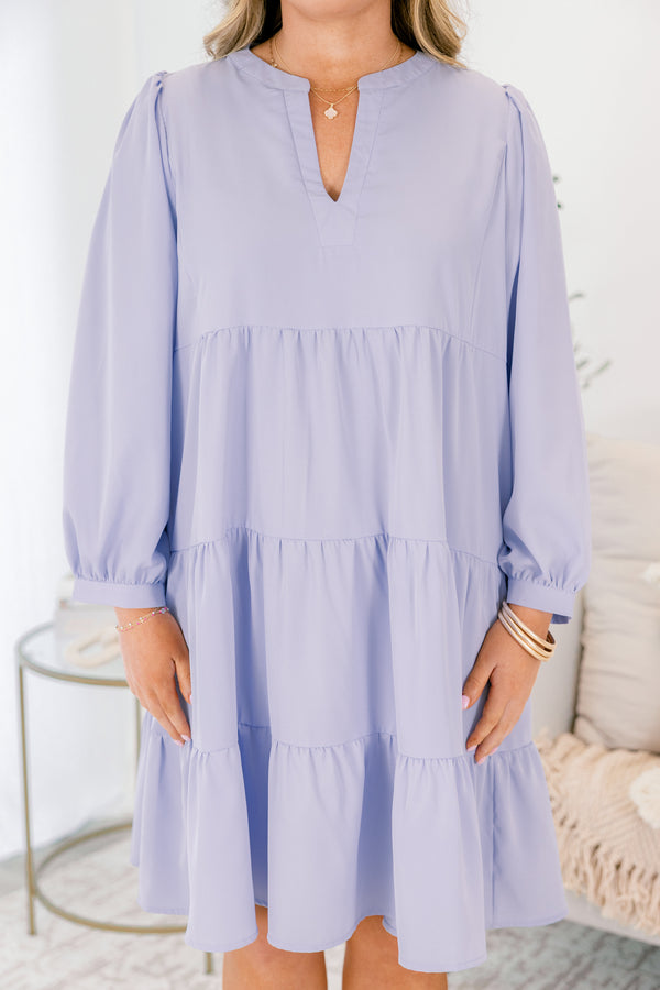 Chic Soul plus size clothing, light blue long sleeve tiered babydoll dress with v neckline cutout