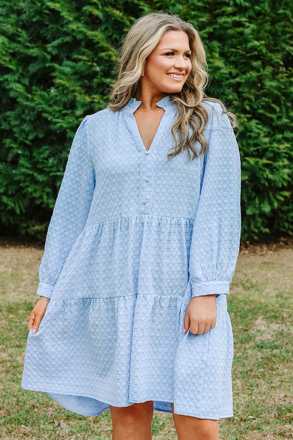 Chic Soul plus size clothing, light blue textured long sleeve short dress with ruffle collar and three pearl buttons down the front with a v-neckline and tiered skirt