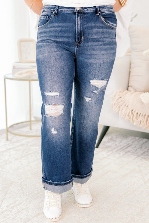 Chic Soul plus size clothing, dark wash straight leg blue jeans with small rips on and around the knee