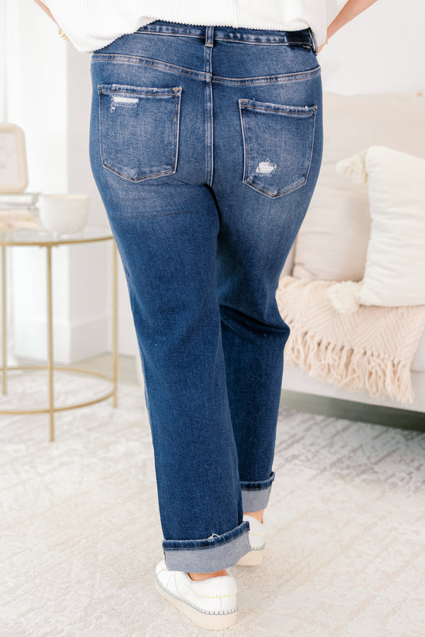 Chic Soul plus size clothing, dark wash straight leg blue jeans with small rips on and around the knee