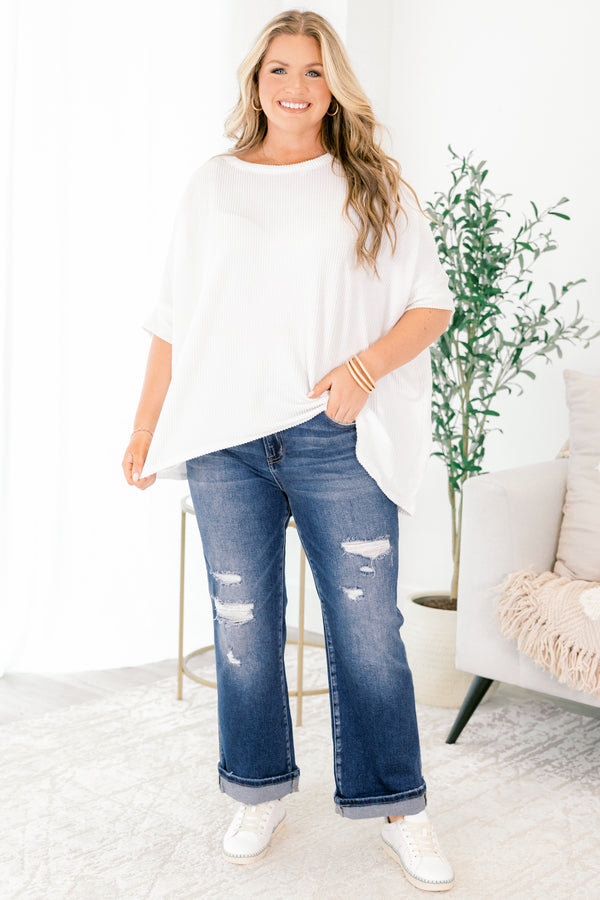 Chic Soul plus size clothing, dark wash straight leg blue jeans with small rips on and around the knee