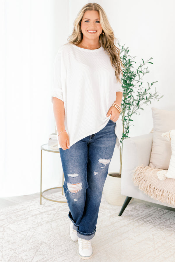 Chic Soul plus size clothing, dark wash straight leg blue jeans with small rips on and around the knee