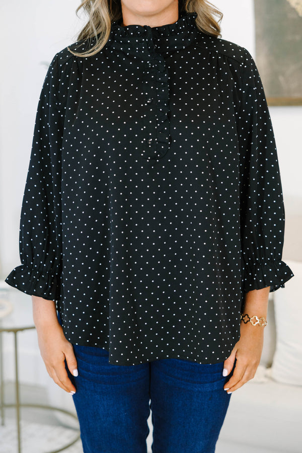 Plus size clothing, black polka dot long sleeve blouse with ruffle detail