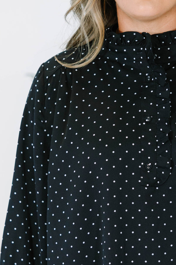 Plus size clothing, black polka dot long sleeve blouse with ruffle detail