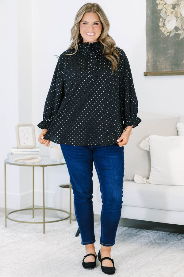 Plus size clothing, black polka dot long sleeve blouse with ruffle detail