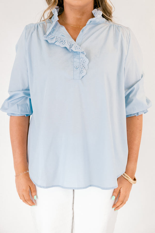 Chic Soul plus size clothing, blue mid sleeve top with ruffle collar and cinching at the sleeves