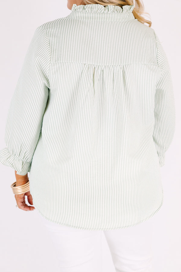 Chic Soul plus size clothing, green striped top with half sleeves that have ruffles at the end of each sleeve as well as ruffle detailing going along the collar and down the v-neckline