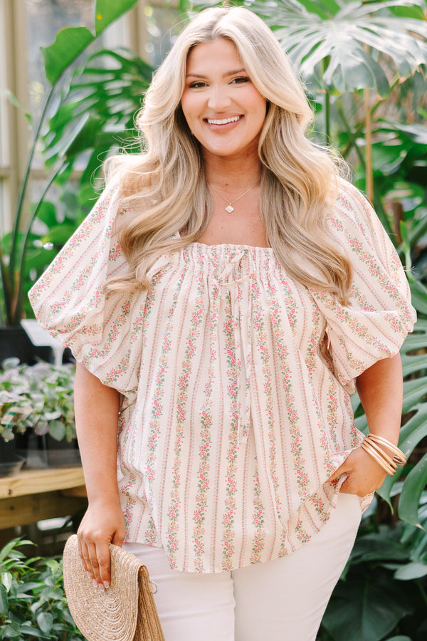 Chic Soul plus size clothing, ivory top with bubble sleeves and a square shaped neckline as well as a floral striped pattern throughout 