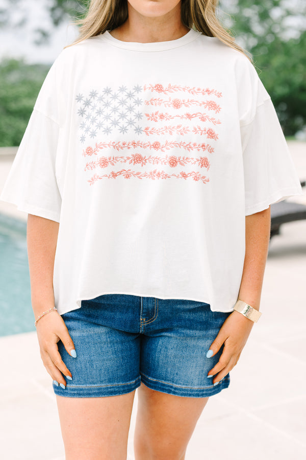 Chic Soul Plus Size Clothing, white short sleeve t-shirt with floral American flag shaped graphic print in front center