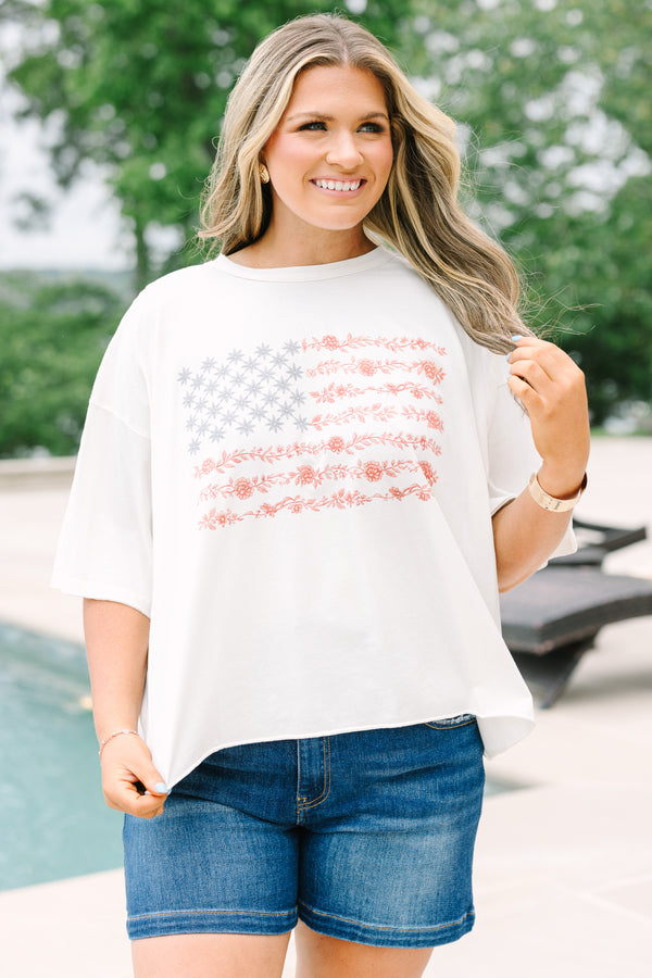 Chic Soul Plus Size Clothing, white short sleeve t-shirt with floral American flag shaped graphic print in front center