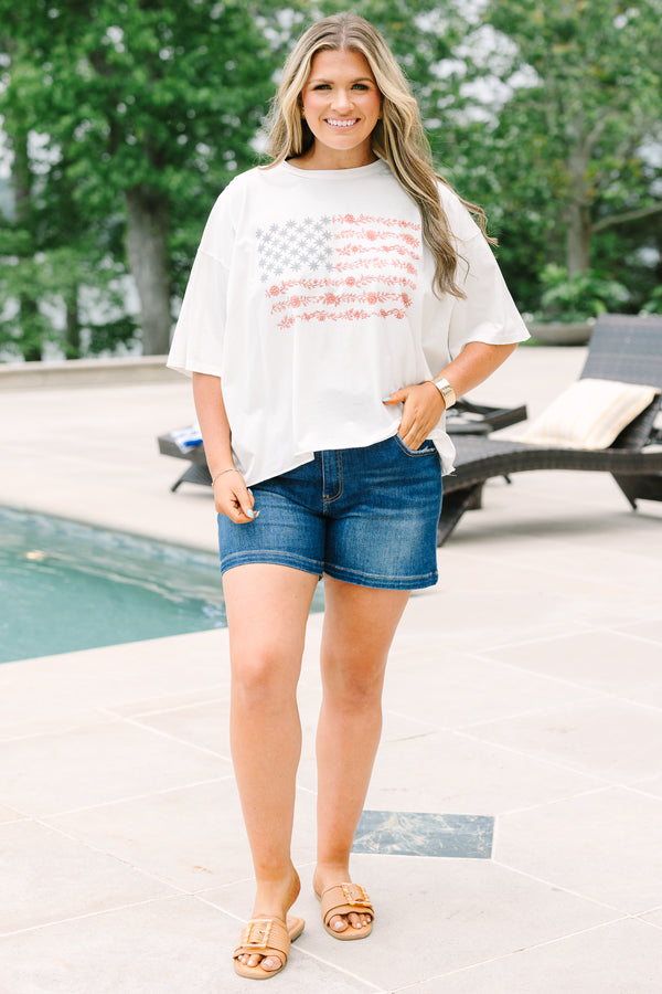 Chic Soul Plus Size Clothing, white short sleeve t-shirt with floral American flag shaped graphic print in front center