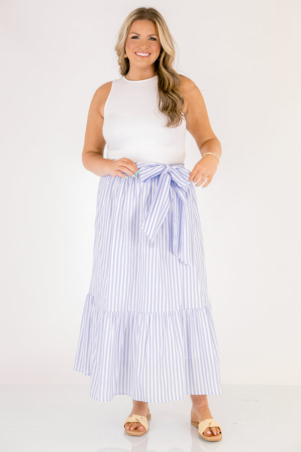 Chic Soul plus size clothing, blue and white vertical stripe maxi skirt with bow waist tie