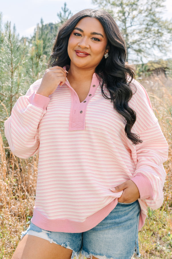 Chic Soul plus size clothing, pink striped long sleeve pullover with a solid pink stripe at the end of each sleeve on the bottom of the pullover and along the button-up neckline as well as a collar 