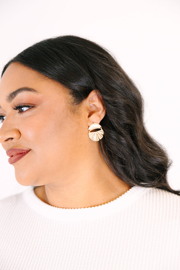 Chic Soul plus size clothing, gold stud earrings with a ruffled metal texture on the bottom and shiny gold top 