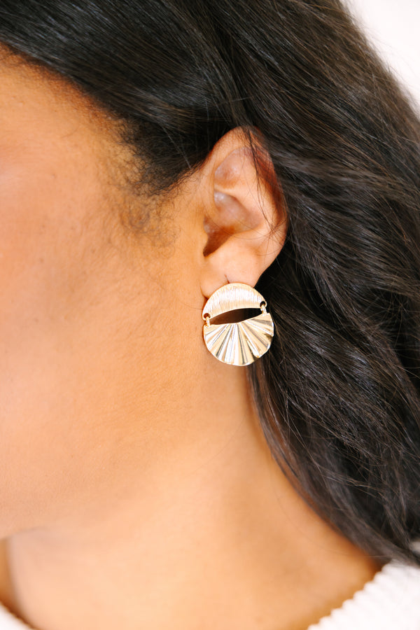 Chic Soul plus size clothing, gold stud earrings with a ruffled metal texture on the bottom and shiny gold top 