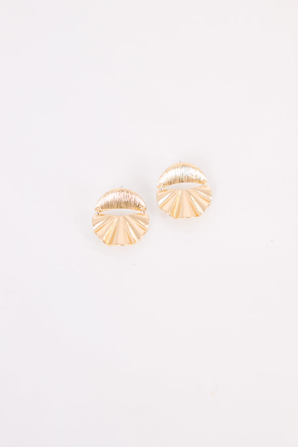 Chic Soul plus size clothing, gold stud earrings with a ruffled metal texture on the bottom and shiny gold top 