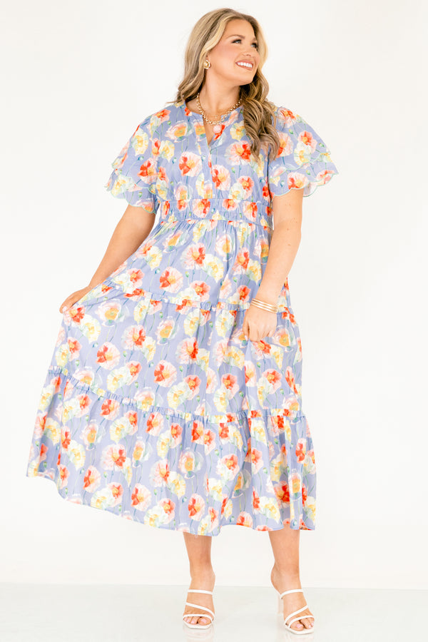Chic Soul plus size clothing, blue tiered maxi dress with flutter sleeves that have two scalloped ruffle as well as sinching waistband a slight v-neckline and multi color flora pattern throughout 
