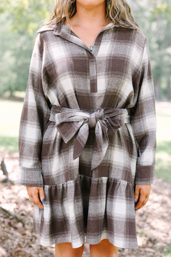 Plus Size brown and white plaid dress with long sleeves, a collared neckline, and a waist tie.