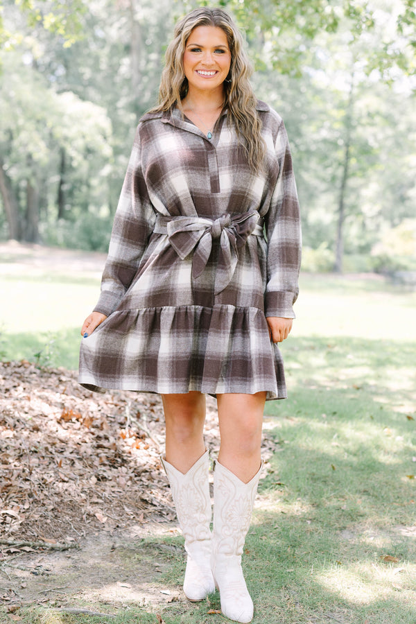 Plus Size brown and white plaid dress with long sleeves, a collared neckline, and a waist tie.