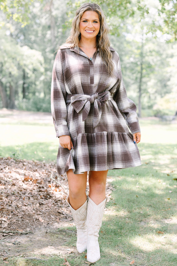 Plus Size brown and white plaid dress with long sleeves, a collared neckline, and a waist tie.