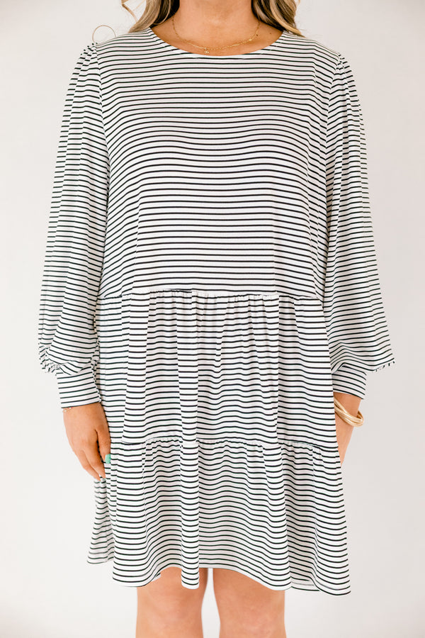 Chic Soul plus size clothing, black and white thin horizontal stripe long sleeve tiered baby doll dress