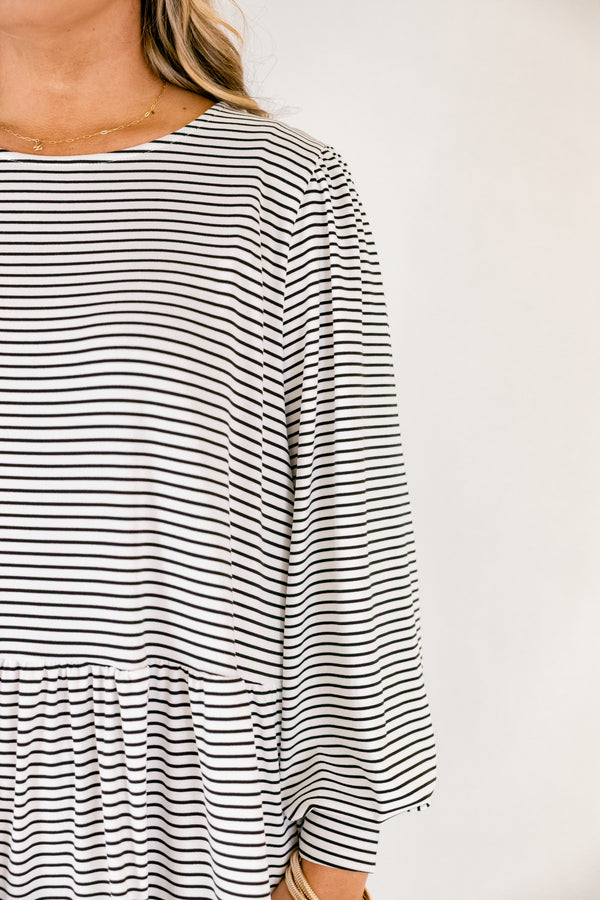 Chic Soul plus size clothing, black and white thin horizontal stripe long sleeve tiered baby doll dress