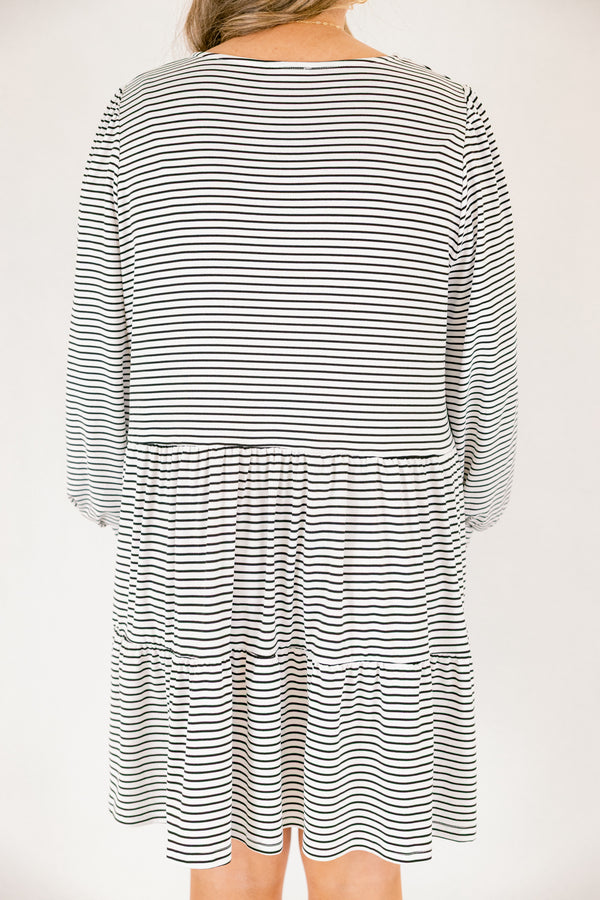 Chic Soul plus size clothing, black and white thin horizontal stripe long sleeve tiered baby doll dress