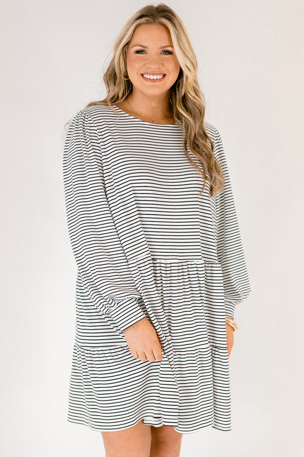 Chic Soul plus size clothing, black and white thin horizontal stripe long sleeve tiered baby doll dress