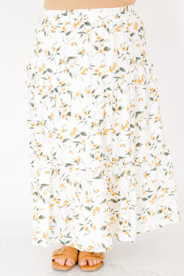 Chic Soul plus size clothing, white maxi skirt with yellow floral print