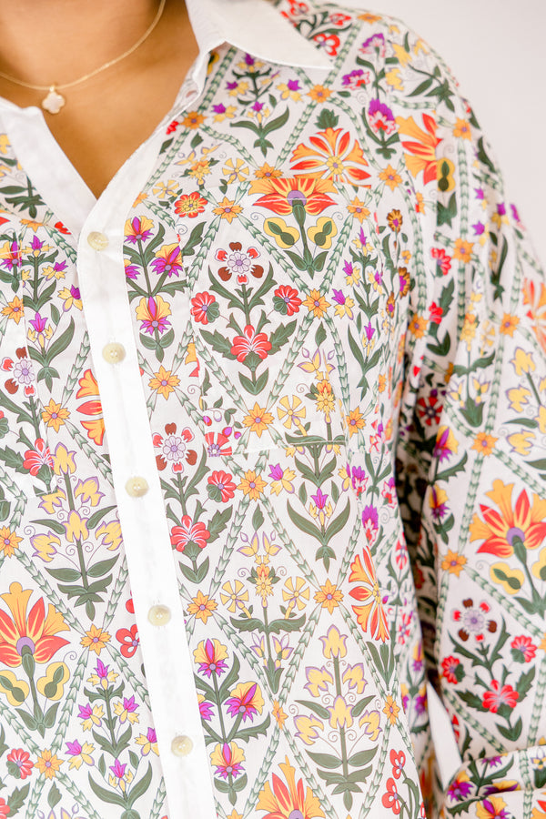 Chic Soul plus size clothing, multi colored floral pattern long sleeve button down top with cream trim along collar and buttons