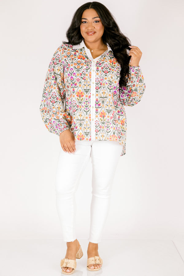 Chic Soul plus size clothing, multi colored floral pattern long sleeve button down top with cream trim along collar and buttons