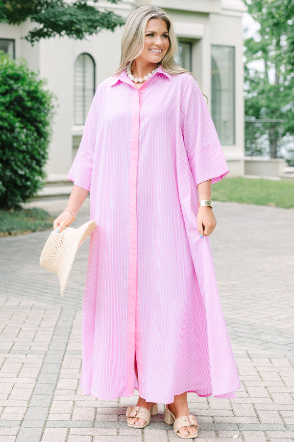 Chic soul plus size clothing, Light pink striped maxi shirt dress with quarter sleeves and a button-down front.