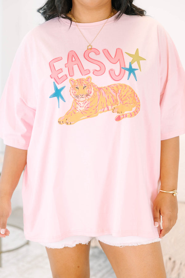 Plus Size dusty pink oversized boyfriend tee with a tiger graphic and EASY text.