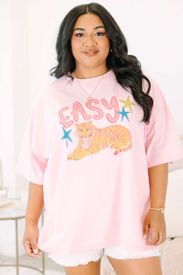 Plus Size dusty pink oversized boyfriend tee with a tiger graphic and EASY text.