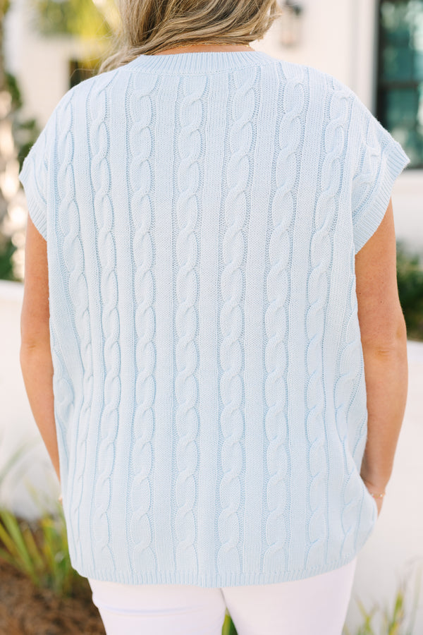 Chic Soul plus size clothing, blue short sleeve sweater with ribbed details going around the neckline bottom of each sleeves and outlining the bottom of the sweater as well as a braided stripe textured pattern throughout 