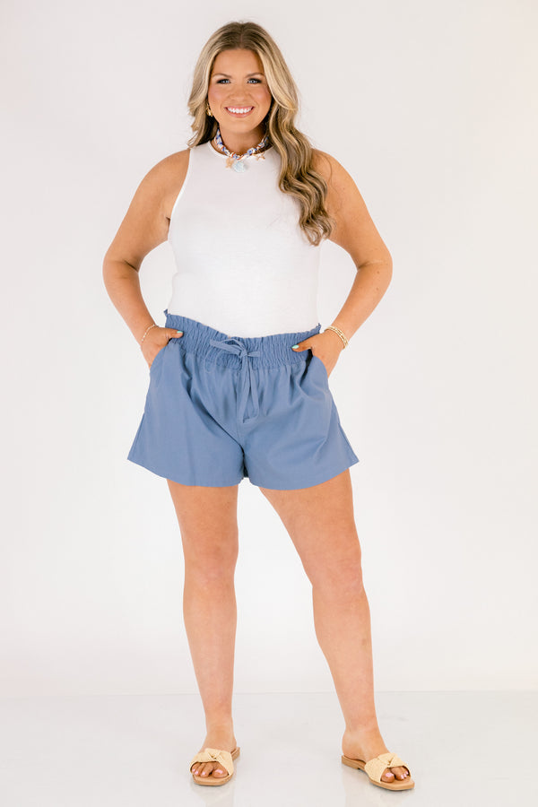 Chic Soul plus size clothing, cornflower blue stretchy elastic waistband drawstring shorts