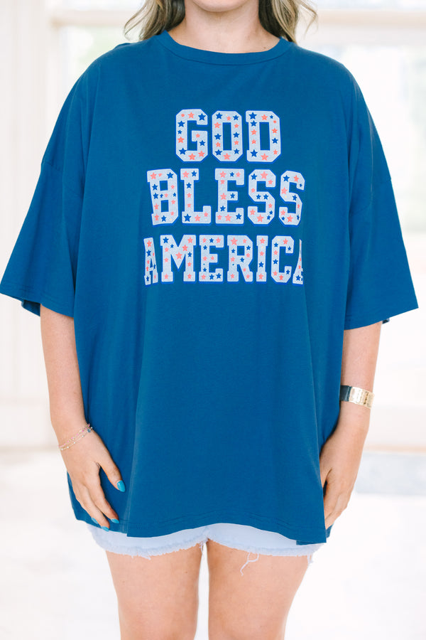 Chic Soul plus size clothing, navy short sleeve boyfriend tee with graphic of 